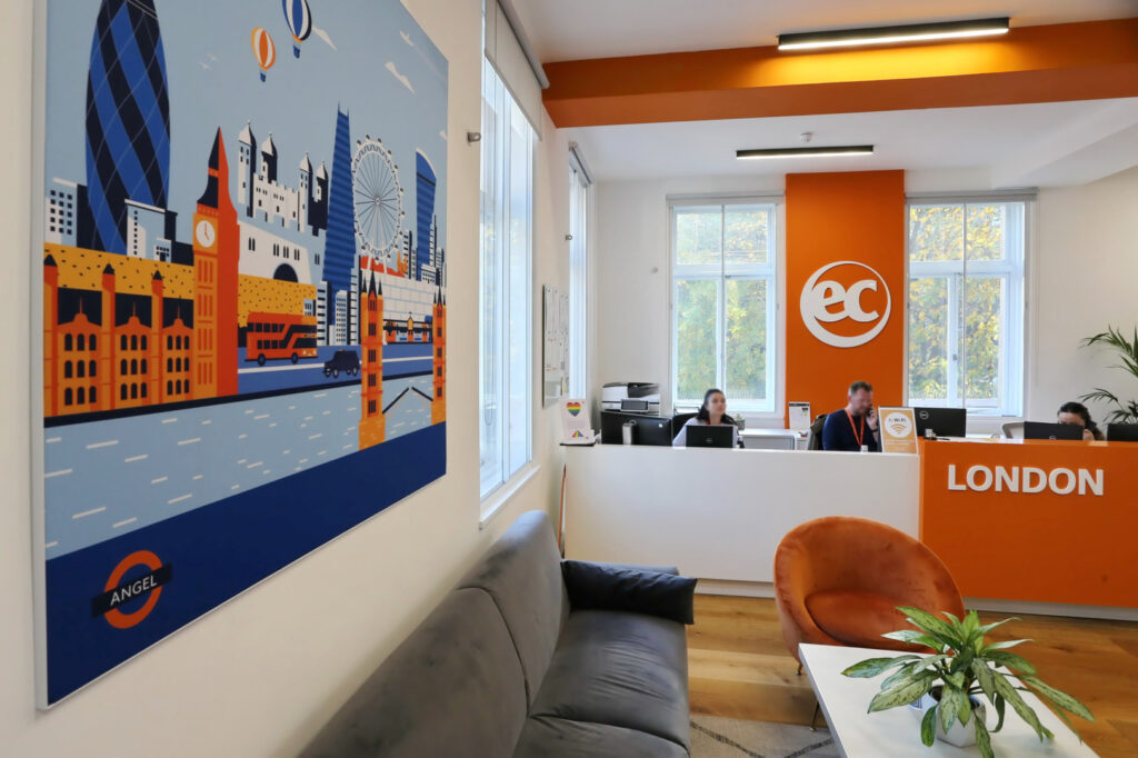 Reception area and front desk at EC English London, welcoming students into the school.