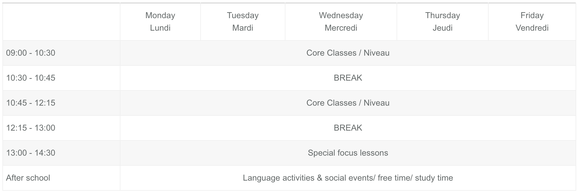 Young Achievers Montreal Timetable